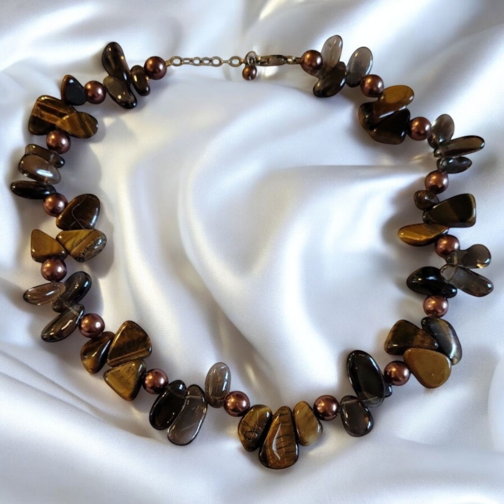 Hand Crafted Tiger Eye Smokey Quartz Bronze Beads Necklace Lobster Claw Clasp